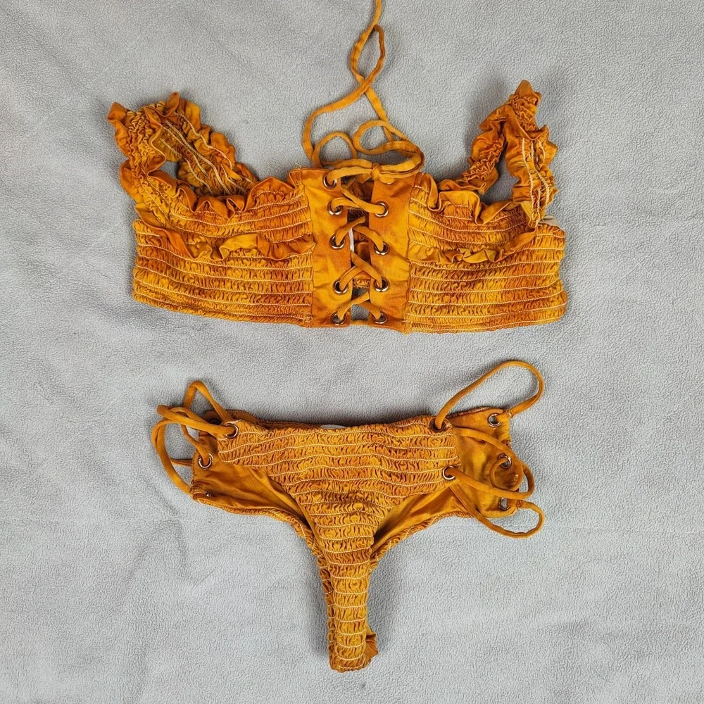 Blue Life Bikini Womens Small Scrunched‎ Off the Shoulder Honey Yellow Tie Dye